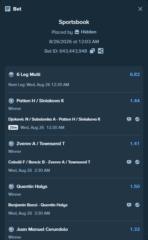 Bet slip: Cobolli F / Bencic B - Zverev A / Townsend T, $10,000.00 stake at 1.41 odds, placed by Hidden