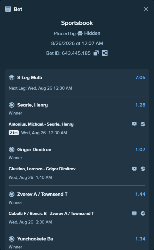 Bet slip: Cobolli F / Bencic B - Zverev A / Townsend T, $10,000.00 stake at 1.44 odds, placed by Hidden