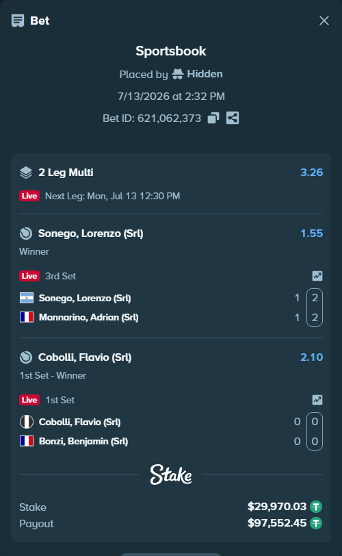 Bet slip: Cobolli, Flavio (Srl) - Bonzi, Benjamin (Srl), $30,000.00 stake at 2.10 odds, placed by Hidden