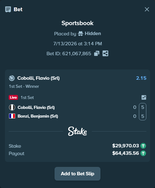 Bet slip: Cobolli, Flavio (Srl) - Bonzi, Benjamin (Srl), $30,000.00 stake at 2.15 odds, placed by Hidden