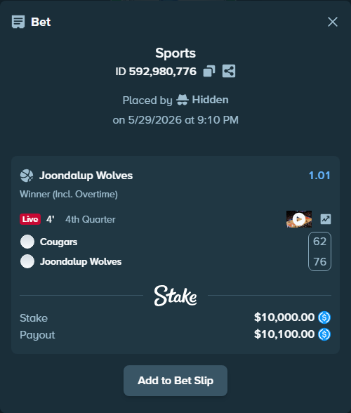 Bet slip: Cockburn Cougars - Joondalup Wolves, $10,000.00 stake at 1.01 odds, placed by Hidden