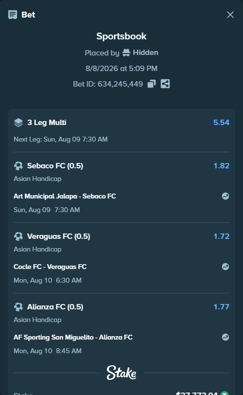 Bet slip: Cocle FC - Veraguas United FC, $37,809.81 stake at 1.72 odds, placed by Hidden