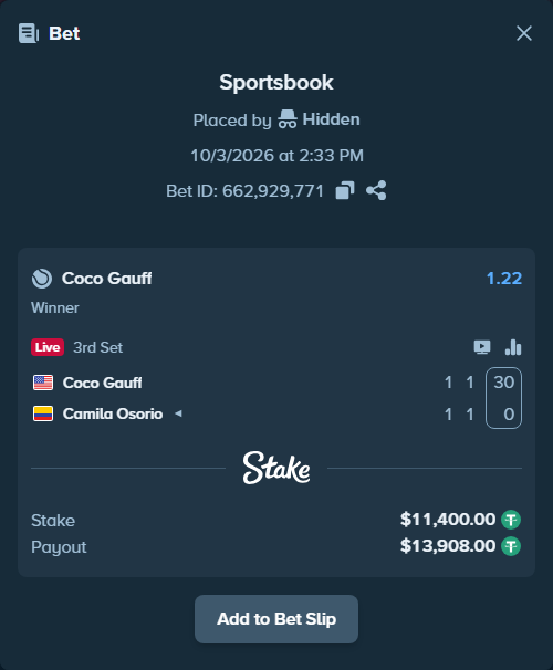Bet slip: Coco Gauff - Camila Osorio, $11,400.00 stake at 1.22 odds, placed by Nicolerrk