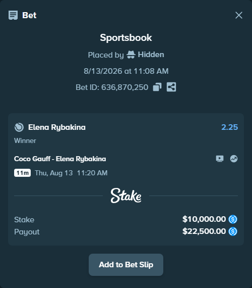 Bet slip: Coco Gauff - Elena Rybakina, $10,000.00 stake at 2.25 odds, placed by Hidden