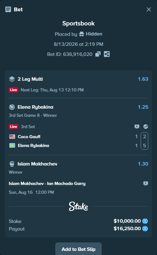 Bet slip: Coco Gauff - Elena Rybakina, $10,000.00 stake at 1.25 odds, placed by Hidden