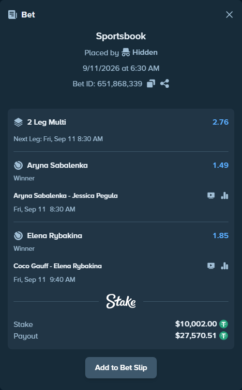 Bet slip: Coco Gauff - Elena Rybakina, $10,000.00 stake at 1.85 odds, placed by Hidden