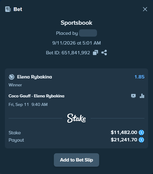 Bet slip: Coco Gauff - Elena Rybakina, $11,482.00 stake at 1.85 odds, placed by Meda9375