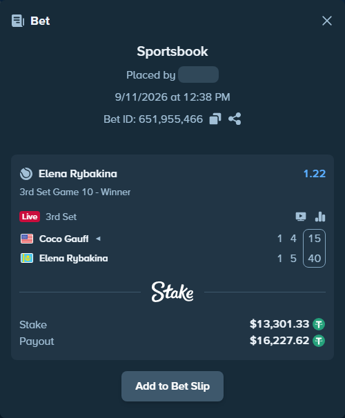Bet slip: Coco Gauff - Elena Rybakina, $13,300.00 stake at 1.22 odds, placed by SH7N28