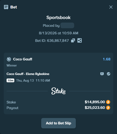 Bet slip: Coco Gauff - Elena Rybakina, $14,923.87 stake at 1.68 odds, placed by Dzokoichoi