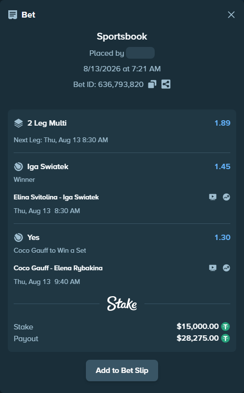 Bet slip: Coco Gauff - Elena Rybakina, $15,015.00 stake at 1.30 odds, placed by Davidbushel1