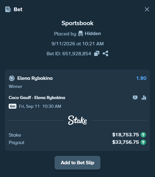 Bet slip: Coco Gauff - Elena Rybakina, $18,750.00 stake at 1.80 odds, placed by Hidden
