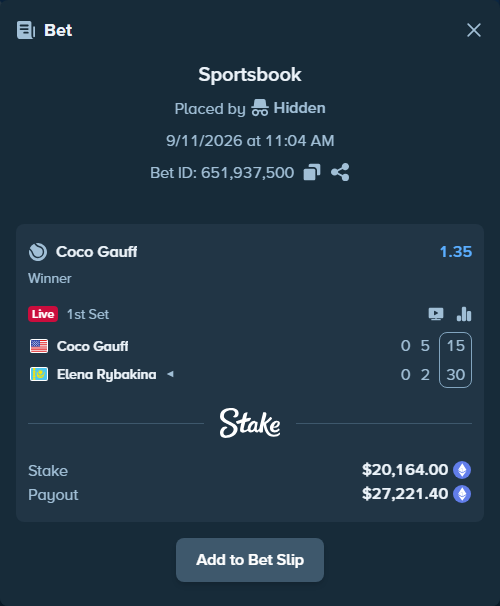 Bet slip: Coco Gauff - Elena Rybakina, $20,082.03 stake at 1.35 odds, placed by Hidden