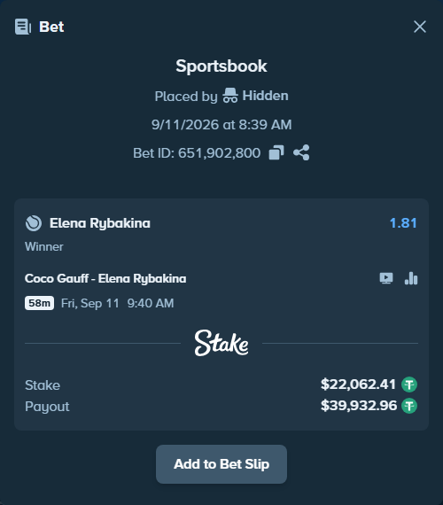 Bet slip: Coco Gauff - Elena Rybakina, $22,058.00 stake at 1.81 odds, placed by Hidden