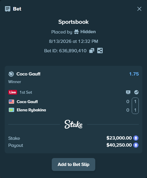 Bet slip: Coco Gauff - Elena Rybakina, $23,089.13 stake at 1.75 odds, placed by Hidden
