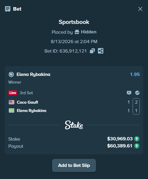 Bet slip: Coco Gauff - Elena Rybakina, $31,000.00 stake at 1.95 odds, placed by Hidden