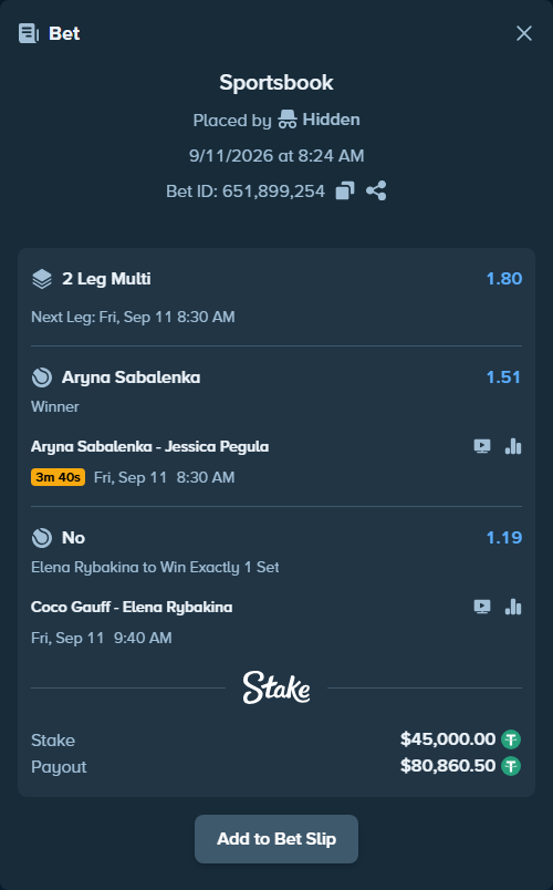 Bet slip: Coco Gauff - Elena Rybakina, $44,991.00 stake at 1.19 odds, placed by Hidden