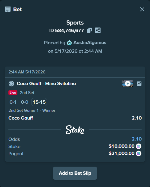 Bet slip: Coco Gauff - Elina Svitolina, $8,438.05 stake at 2.10 odds, placed by AustinAlgamus