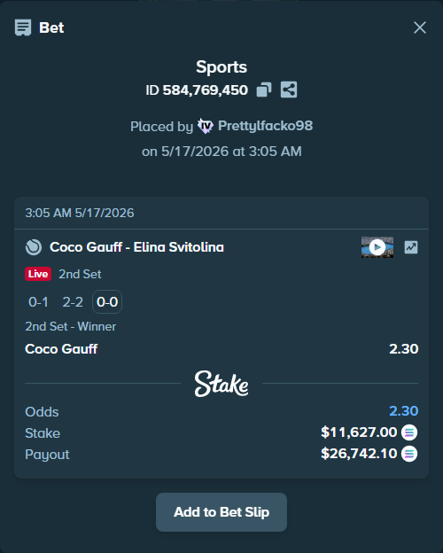 Bet slip: Coco Gauff - Elina Svitolina, $9,810.92 stake at 2.30 odds, placed by Prettylfacko98