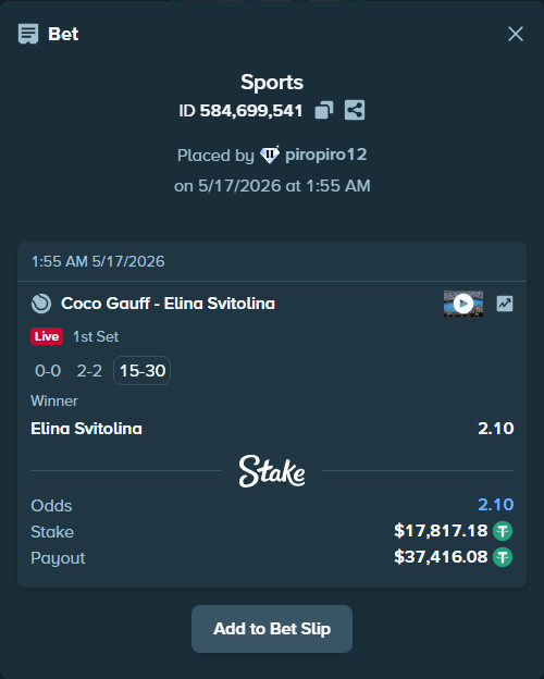 Bet slip: Coco Gauff - Elina Svitolina, $17,835.00 stake at 2.10 odds, placed by piropiro12