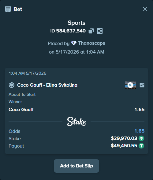 Bet slip: Coco Gauff - Elina Svitolina, $30,000.00 stake at 1.65 odds, placed by Thanoscape