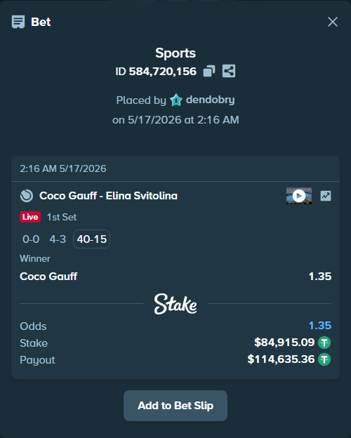 Bet slip: Coco Gauff - Elina Svitolina, $85,000.00 stake at 1.35 odds, placed by dendobry