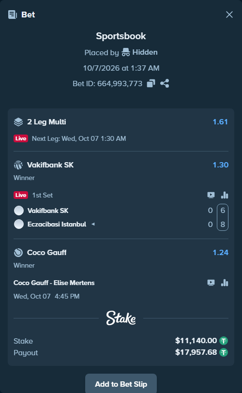 Bet slip: Coco Gauff - Elise Mertens, $11,140.00 stake at 1.24 odds, placed by Hidden