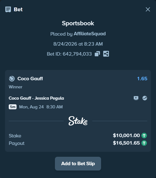 Bet slip: Coco Gauff - Jessica Pegula, $10,000.00 stake at 1.65 odds, placed by AffiliateSquad