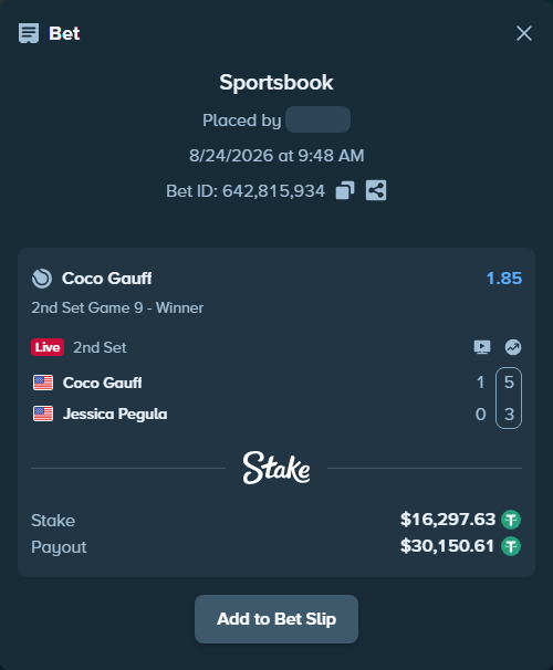 Bet slip: Coco Gauff - Jessica Pegula, $16,296.00 stake at 1.85 odds, placed by Elantari36