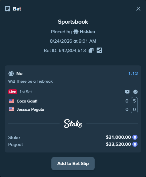 Bet slip: Coco Gauff - Jessica Pegula, $21,068.34 stake at 1.12 odds, placed by Hidden