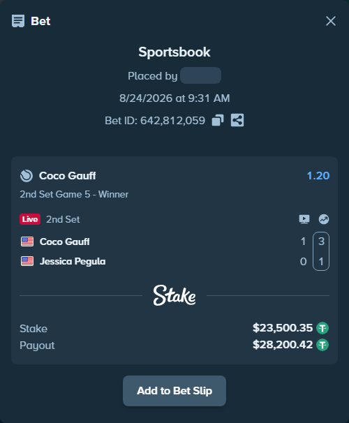 Bet slip: Coco Gauff - Jessica Pegula, $23,498.00 stake at 1.20 odds, placed by Elantari36