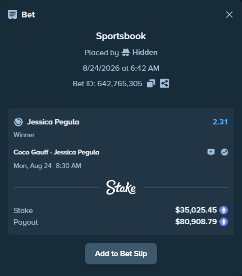 Bet slip: Coco Gauff - Jessica Pegula, $34,947.49 stake at 2.31 odds, placed by Hidden