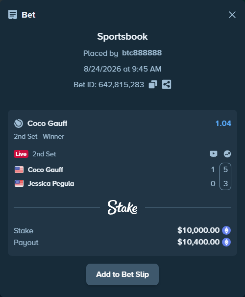 Bet slip: Coco Gauff - Jessica Pegula, $9,960.13 stake at 1.04 odds, placed by btc888888