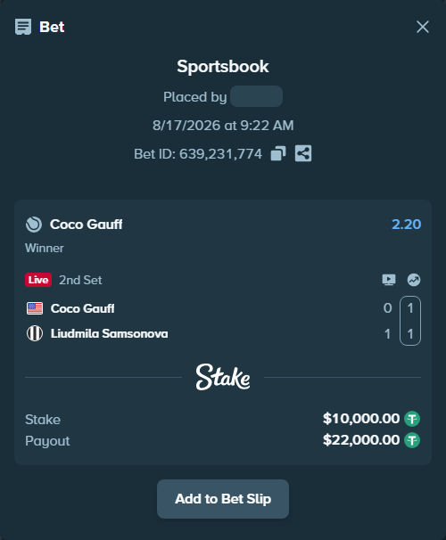 Bet slip: Coco Gauff - Liudmila Samsonova, $10,010.00 stake at 2.20 odds, placed by privetmedvet15