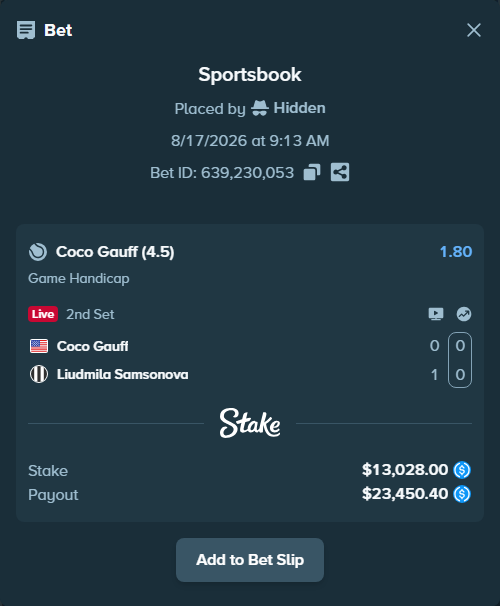 Bet slip: Coco Gauff - Liudmila Samsonova, $13,028.00 stake at 1.80 odds, placed by Hidden