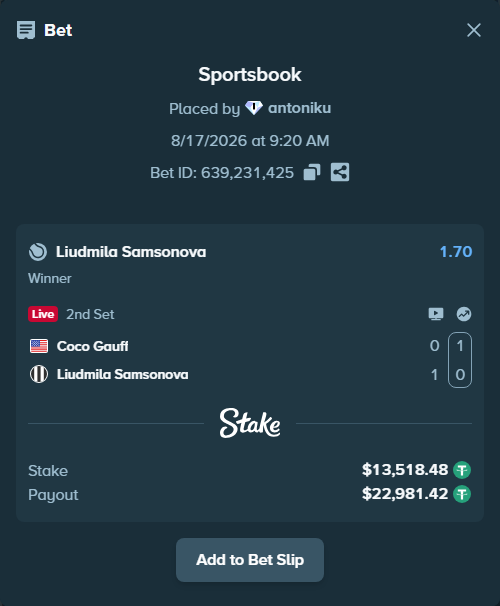 Bet slip: Coco Gauff - Liudmila Samsonova, $13,532.00 stake at 1.70 odds, placed by antoniku