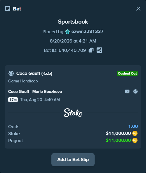 Bet slip: Coco Gauff - Marie Bouzkova, $11,006.90 stake at 2.17 odds, placed by ezwin2281337