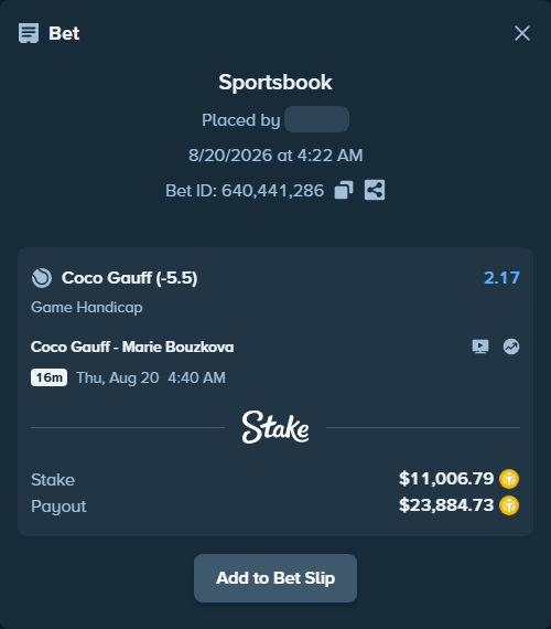 Bet slip: Coco Gauff - Marie Bouzkova, $11,006.90 stake at 2.17 odds, placed by ezwin2281337