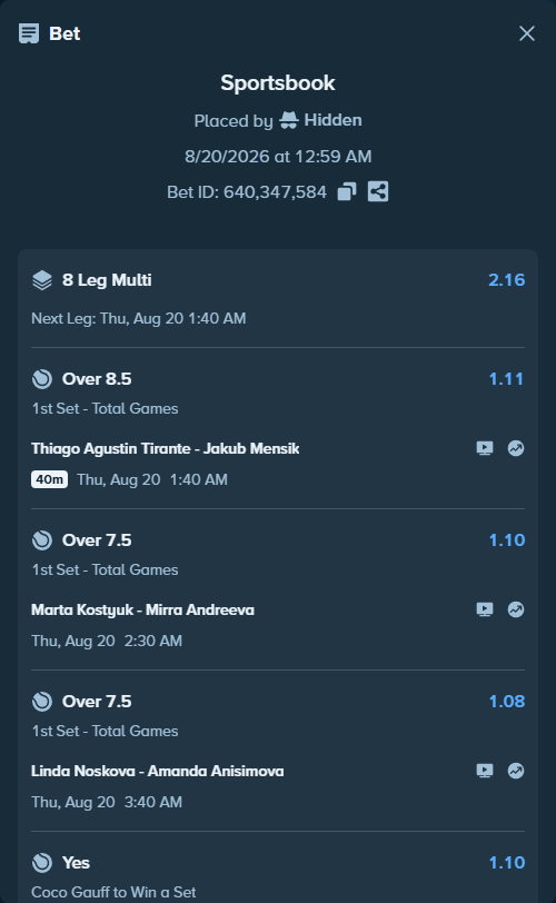 Bet slip: Coco Gauff - Marie Bouzkova, $125,000.00 stake at 1.10 odds, placed by Hidden