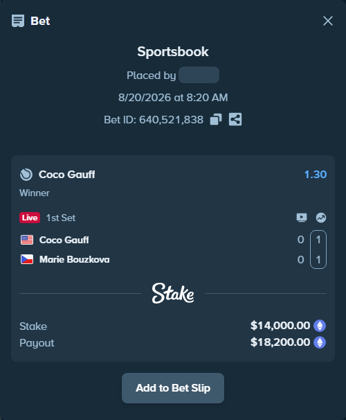 Bet slip: Coco Gauff - Marie Bouzkova, $13,953.52 stake at 1.30 odds, placed by bit2easy1
