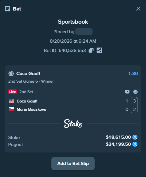 Bet slip: Coco Gauff - Marie Bouzkova, $18,615.00 stake at 1.30 odds, placed by MOROCCO22
