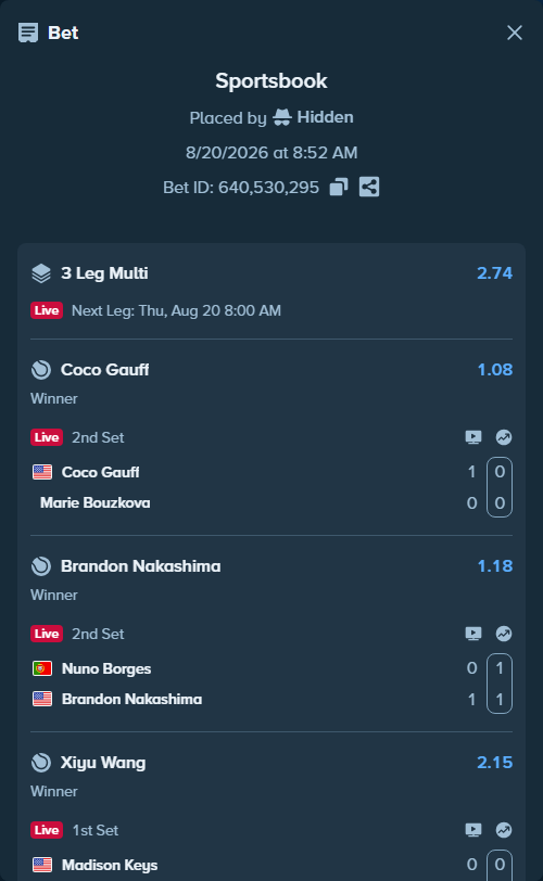 Bet slip: Coco Gauff - Marie Bouzkova, $38,150.00 stake at 1.08 odds, placed by Hidden