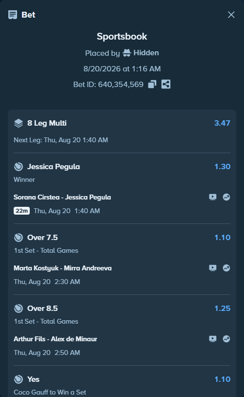 Bet slip: Coco Gauff - Marie Bouzkova, $75,075.00 stake at 1.10 odds, placed by Hidden