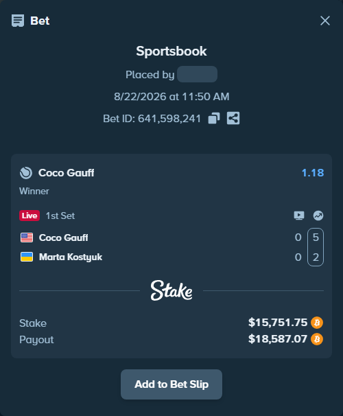 Bet slip: Coco Gauff - Marta Kostyuk, $15,897.60 stake at 1.18 odds, placed by messrjaysr