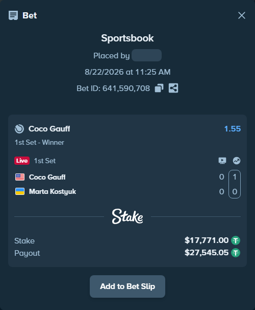 Bet slip: Coco Gauff - Marta Kostyuk, $17,771.00 stake at 1.55 odds, placed by diomancy
