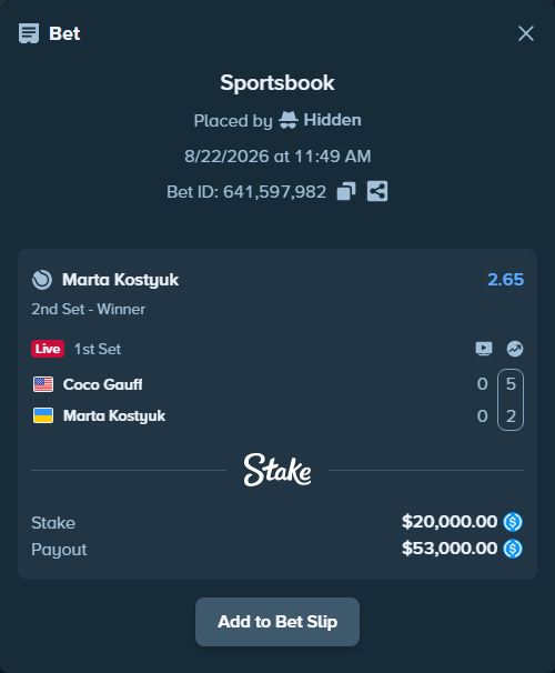 Bet slip: Coco Gauff - Marta Kostyuk, $20,000.00 stake at 2.65 odds, placed by Hidden