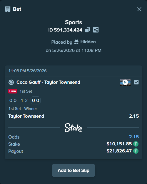 Bet slip: Coco Gauff - Taylor Townsend, $10,162.00 stake at 2.15 odds, placed by Hidden