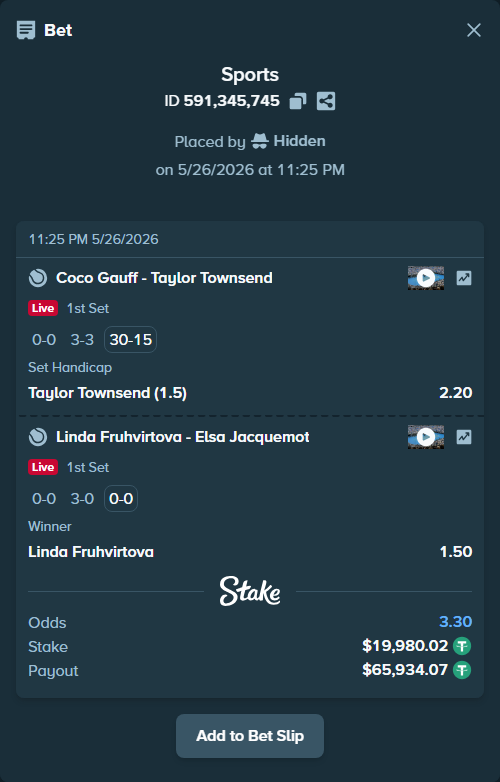 Bet slip: Coco Gauff - Taylor Townsend, $20,000.00 stake at 2.20 odds, placed by Hidden