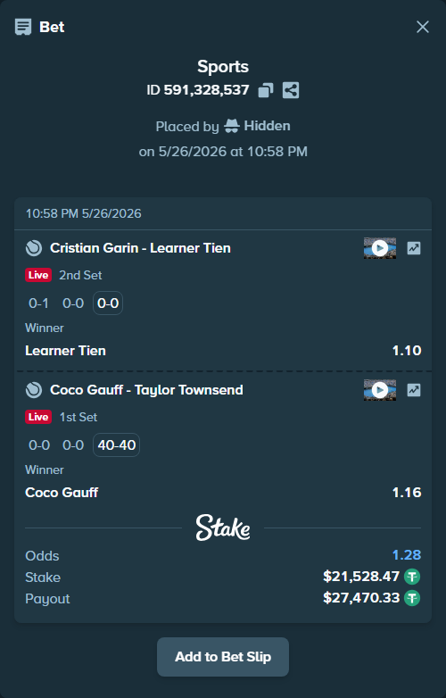 Bet slip: Coco Gauff - Taylor Townsend, $21,550.00 stake at 1.16 odds, placed by Hidden