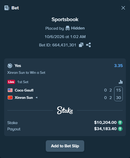 Bet slip: Coco Gauff - Xinran Sun, $10,204.00 stake at 3.35 odds, placed by Hidden
