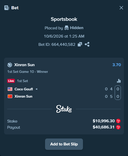 Bet slip: Coco Gauff - Xinran Sun, $10,996.71 stake at 3.70 odds, placed by Hidden